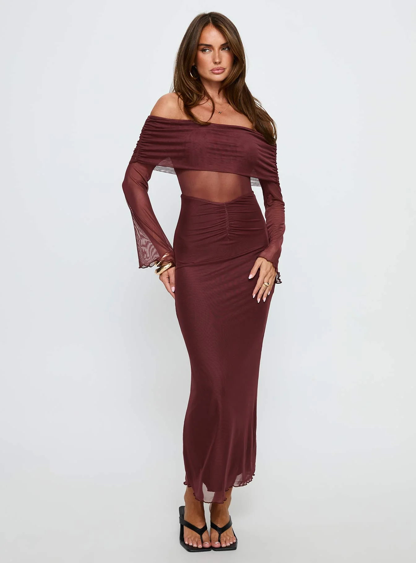 Velouria Off Shoulder Long Sleeve Maxi Dress Brown