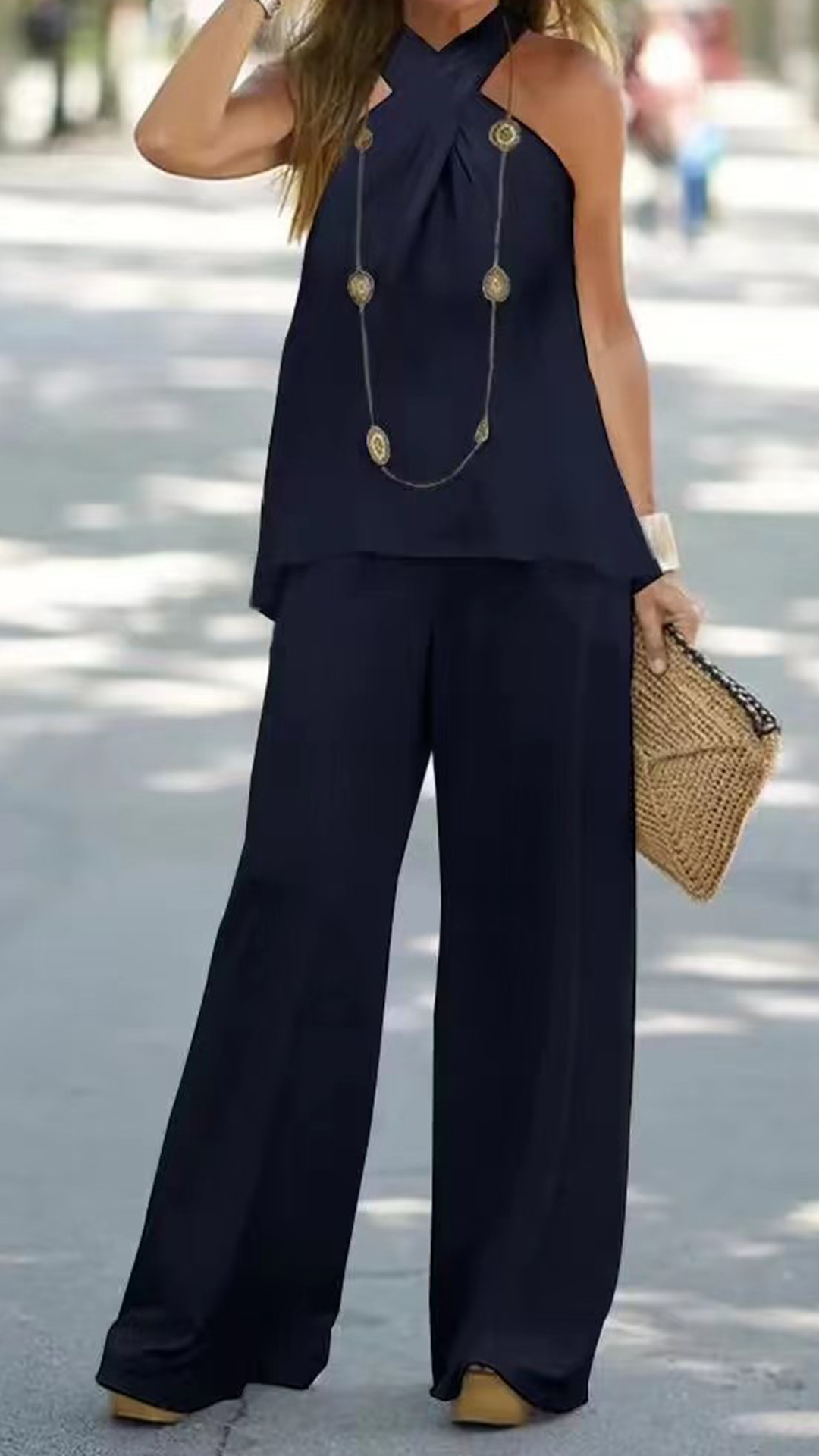 Women's Cotton‑blend Halter Cross‑neck Loose Top & Draping Wide‑leg Pants Set - Nordfashionstorm - Women's Clothing, Fashion for You - Nordfashionstorm.com