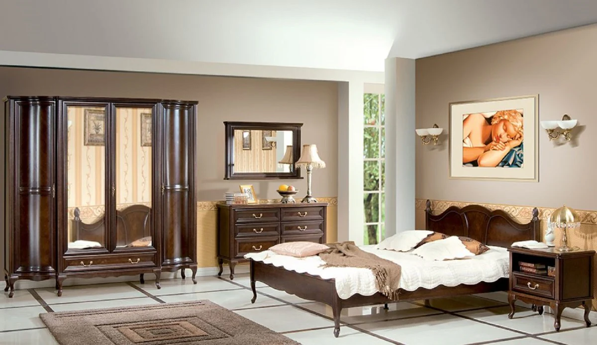 Luxury Art Nouveau bedroom wardrobe dark brown 206.5 x 63.5 x H. 206 cm - solid wood wardrobe with 4 doors and drawer - Baroque & Art Nouveau bedroom furniture