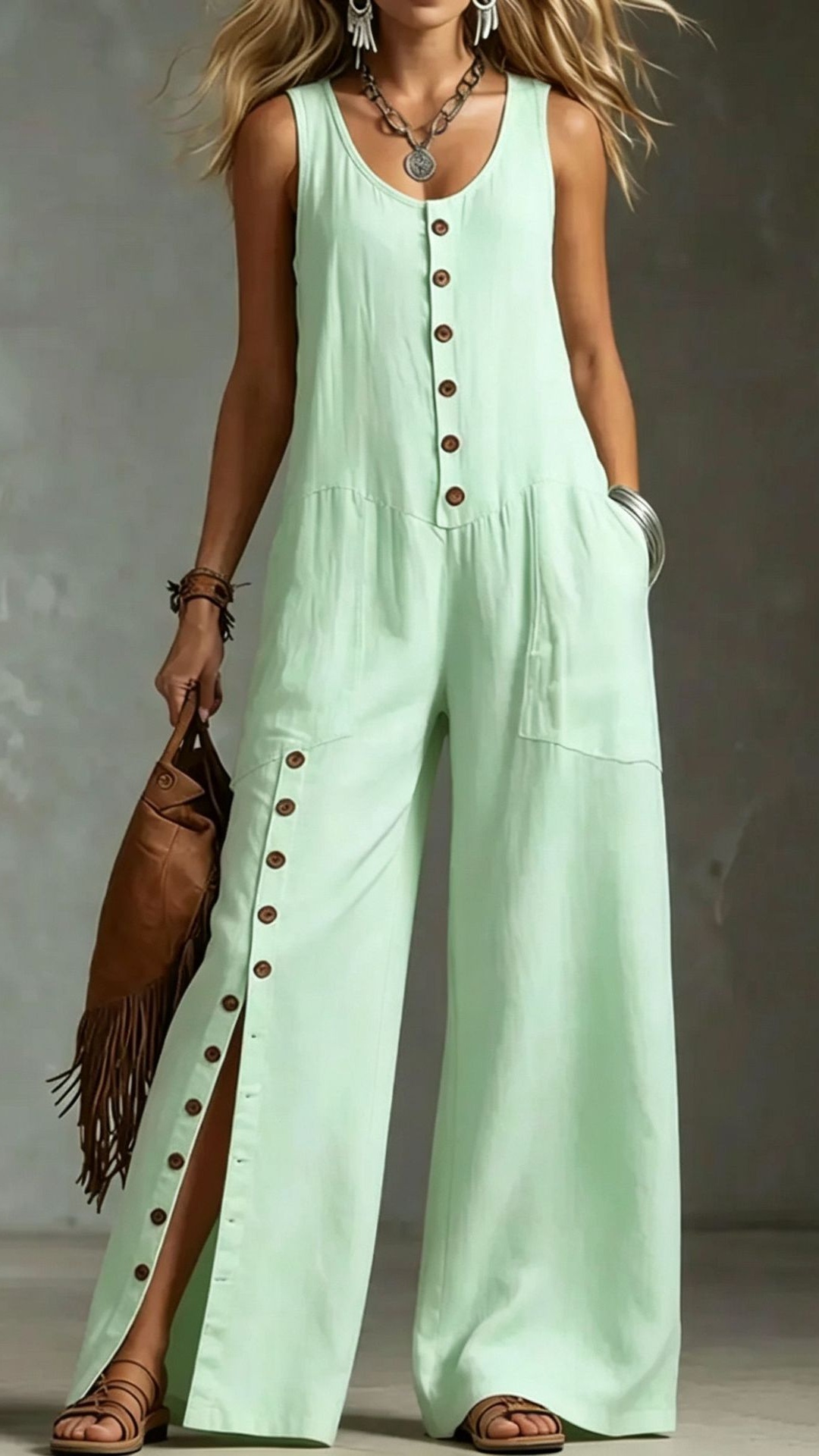 Women's Sleeveless Linen Jumpsuit with Button Pockets - Nordfashionstorm - Women's Clothing, Fashion for You - Nordfashionstorm.com