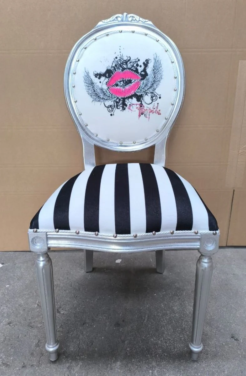 Pompöös by Luxury Baroque Dining Room Chair White / Black / Silver - designed by Harald Glööckler