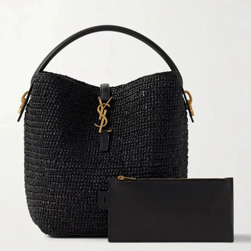 SAINT LAURENT Le 37 leather-trimmed raffia bucket bag - Top Club