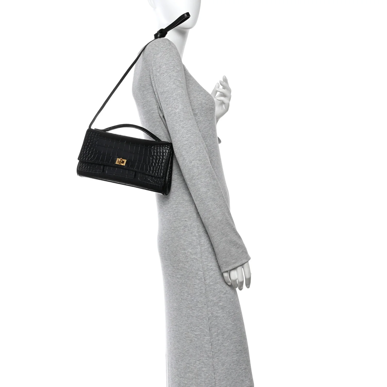 Crocodile Embossed Small Bel Air Clutch On Strap Black