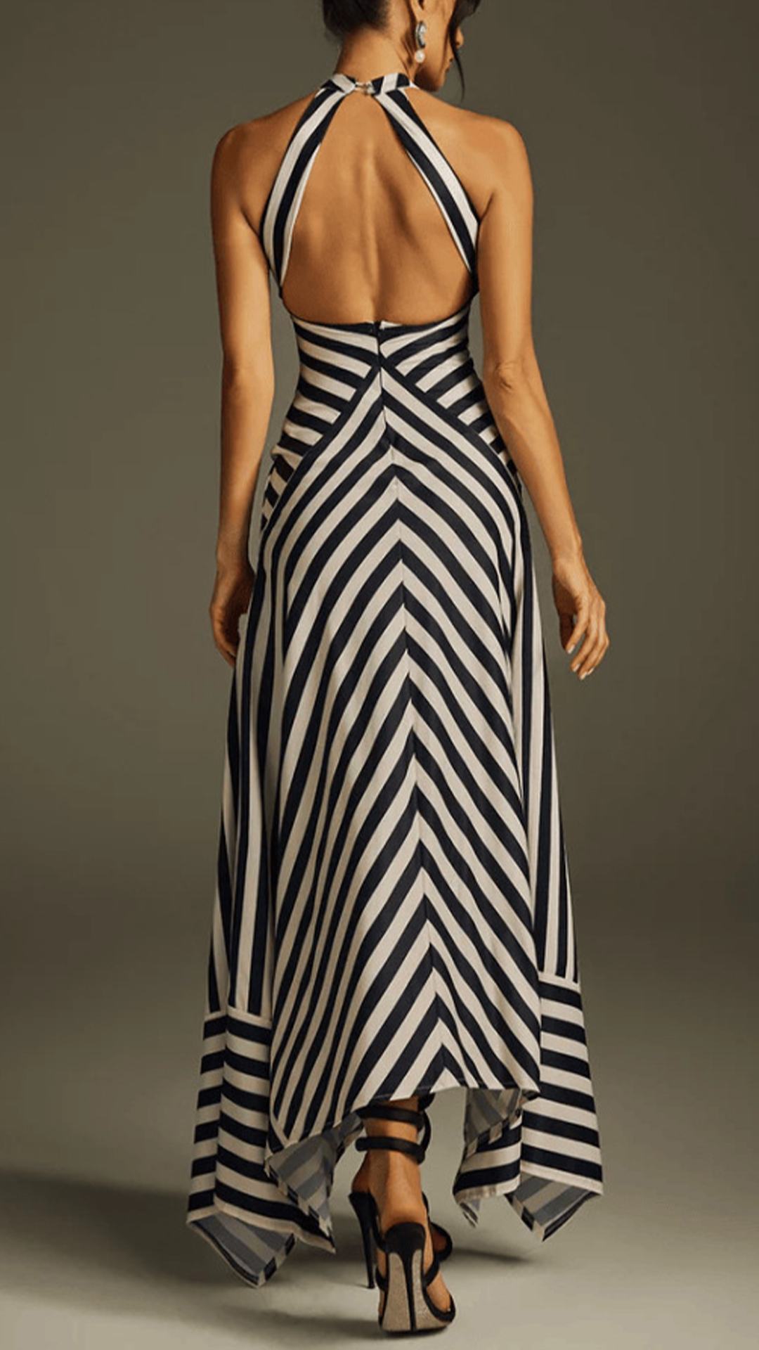 Women's Black & White Striped Halter Cotton-Blend Waisted Asymmetrical Maxi Dress - Nordfashionstorm - Women's Clothing, Fashion for You - Nordfashionstorm.com