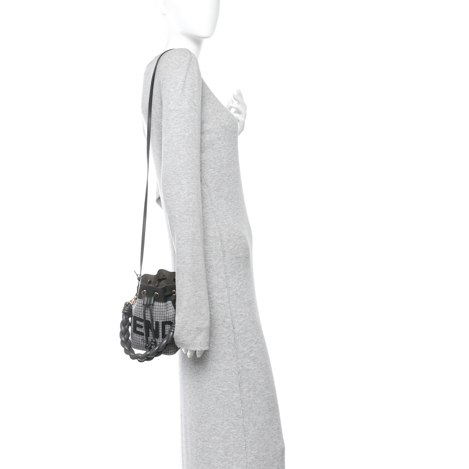 Wool Vitello Grace Small Houndstooth Mini Mon Tresor Bucket Bag Grigio Anthracite - Top Club