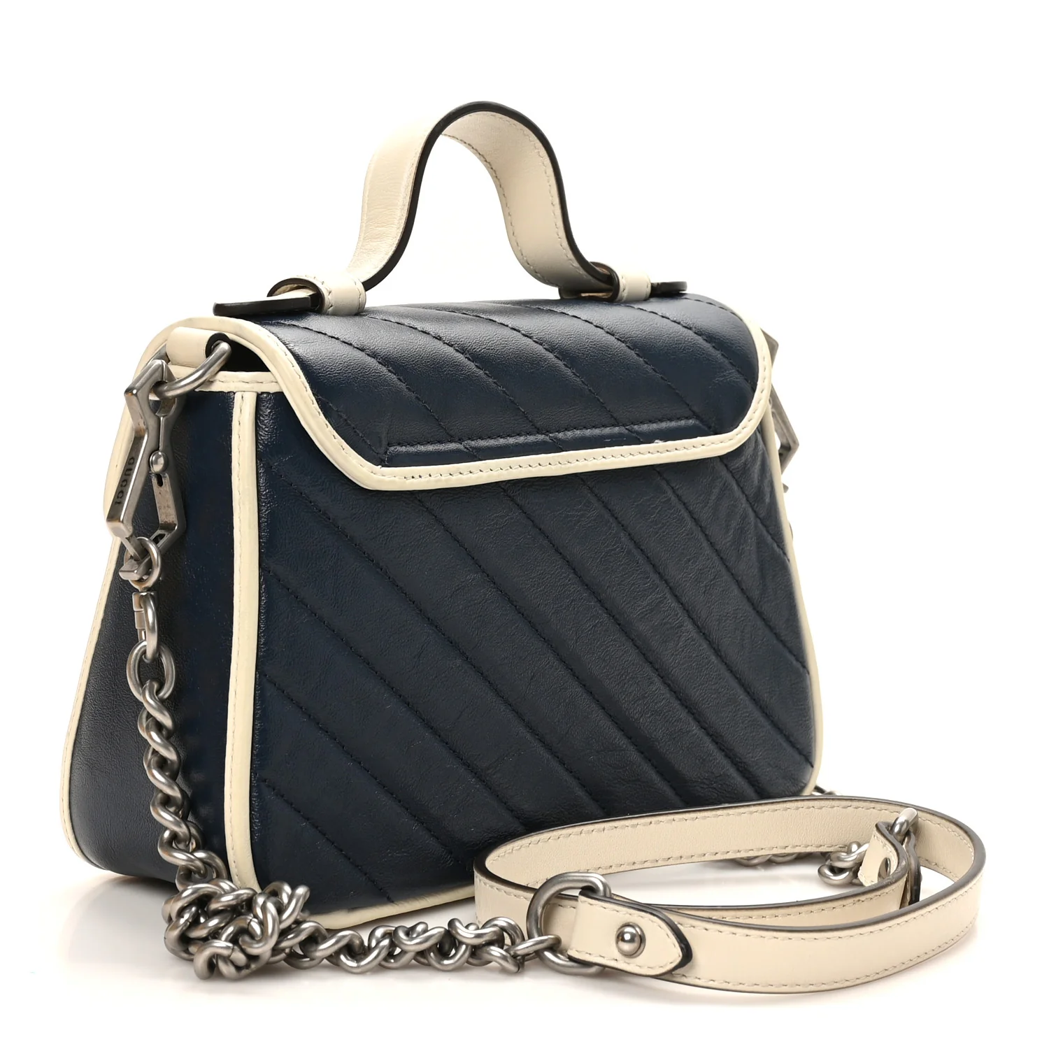 Vintage Effect Calfskin Matelasse Diagonal Mini Torchon GG Marmont Top Handle Shoulder Bag Blue Agata Mystic White - Top Club
