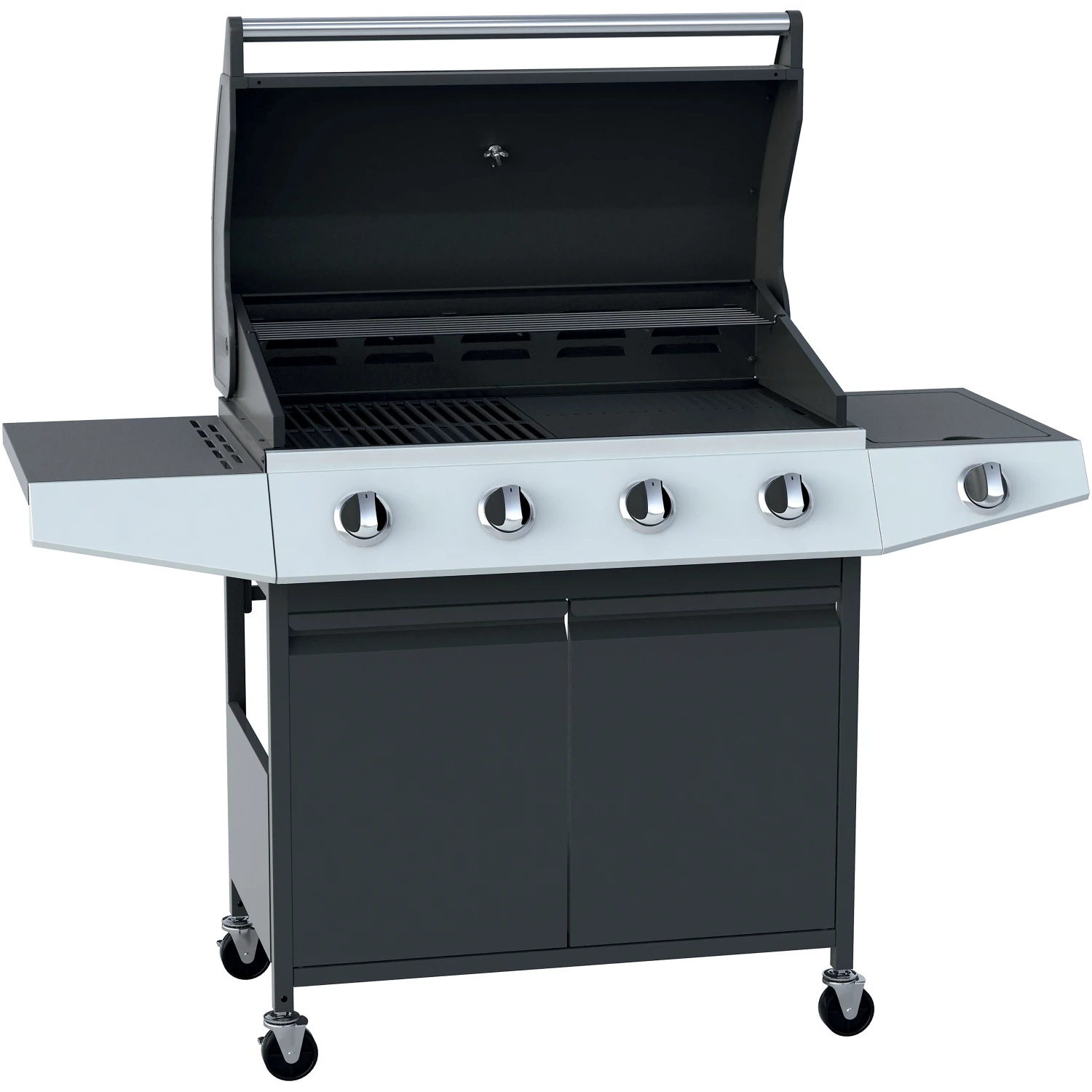 Barbecue a gas 4+1 bruciatori nero con fornello laterale e coperchio