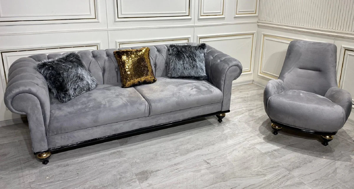 Luxury Baroque Living Room Furniture Set Light Gray - 1 Sofa & 2 Armchairs