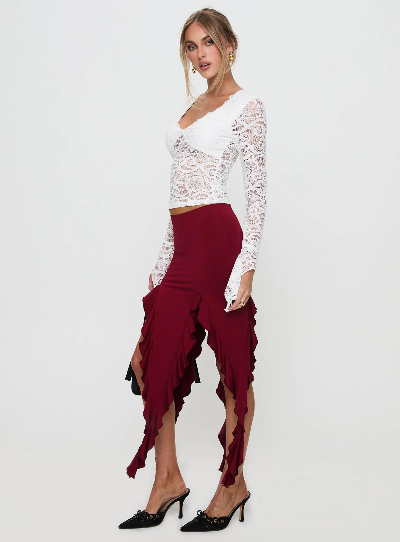 Peachey Asymmetric Ruffle Midi Skirt Burgundy