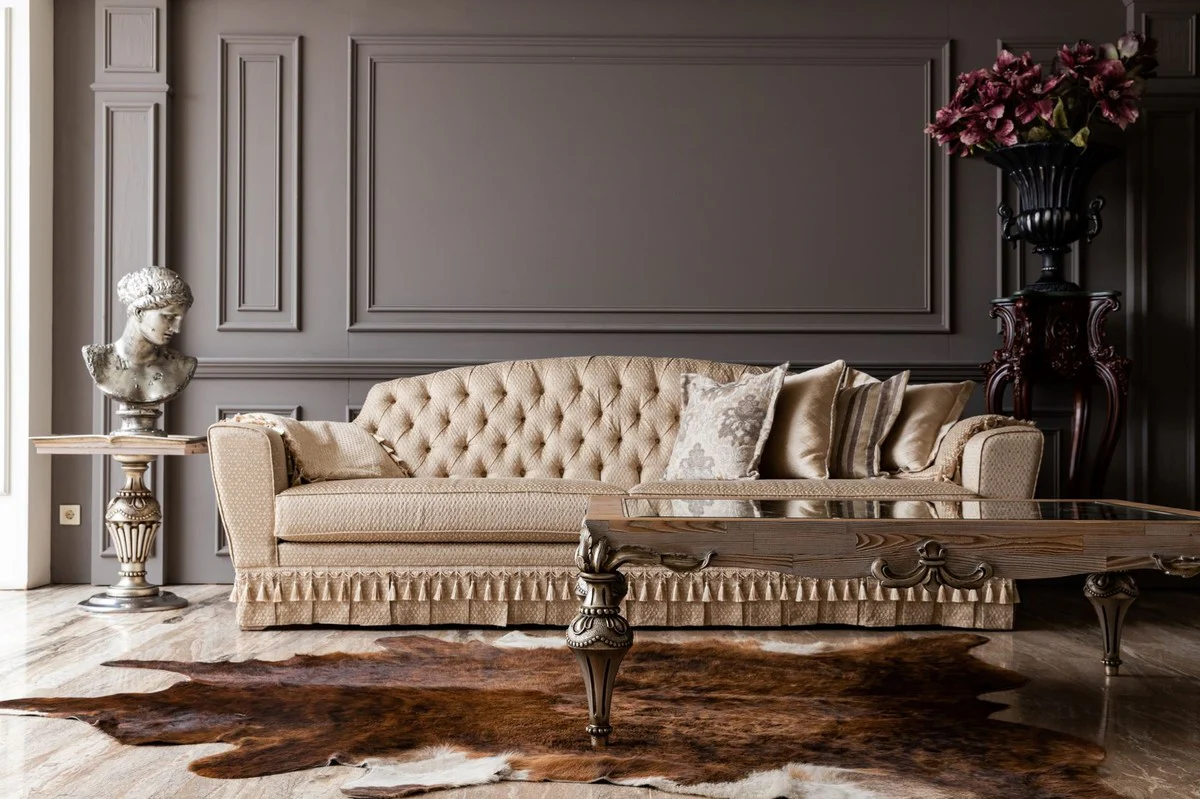 Luxury baroque coffee table natural colors / silver - handmade solid wood living room table with glass top - baroque living room furniture