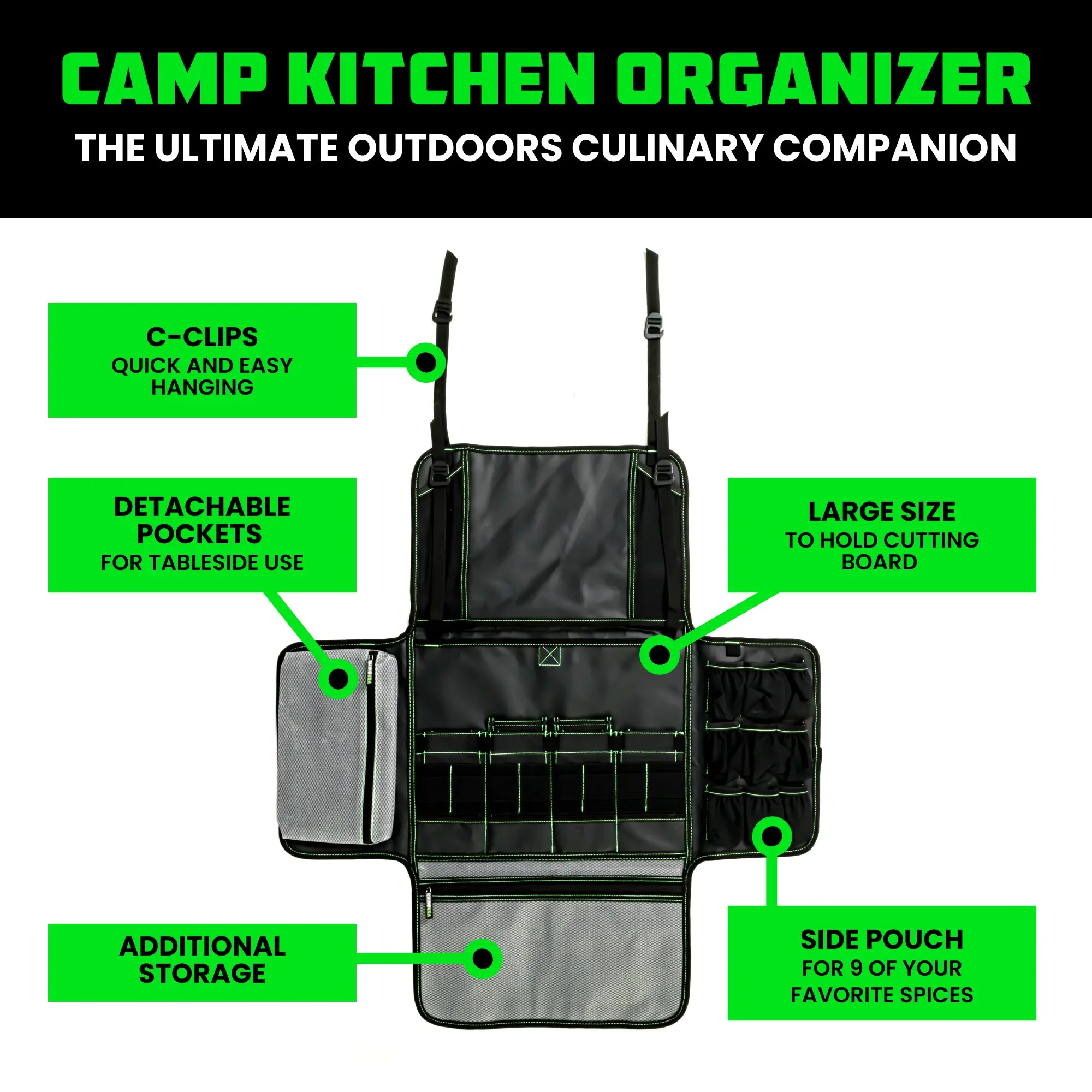Rhino USA Camping Kitchen Organizer: Ultimate Overland Camp Accessory For Outdoor Cooking, Spice Rack, Utensil Storage and More!