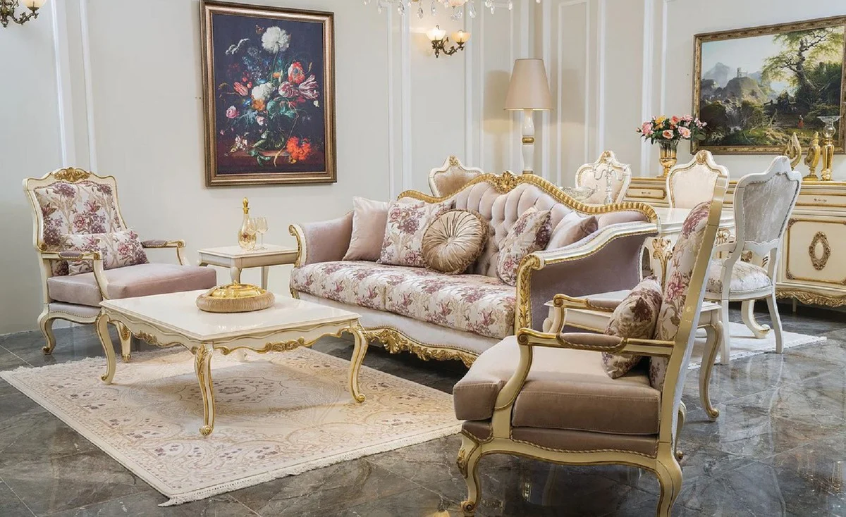 Luxury baroque living room set pink / white / gold - 2 baroque sofas & 2 baroque armchairs & 1 baroque coffee table - living room furniture in baroque style - baroque furniture - baroque furnishings