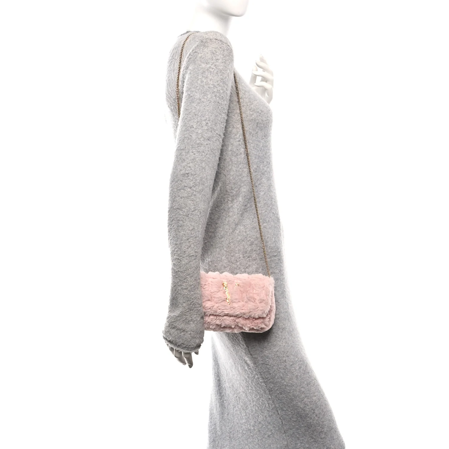 Faux Fur Quilted Virtus V Mini Chain Flap Shoulder Bag English Rose