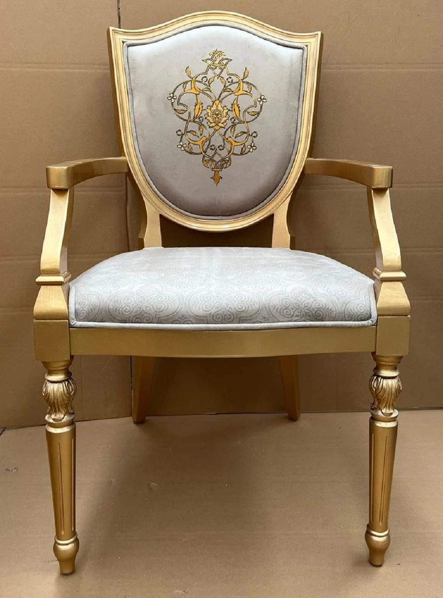 Luxury Art Deco Dining Room Chair Gray / Gold - Elegant Solid Wood Chair with Armrests - Art Deco Dining Room Furniture