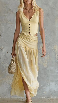 Women's Cotton-blend V-neck Buttoned Ruched Midi Skirt Set - Nordfashionstorm - Women's Clothing, Fashion for You - Nordfashionstorm.com