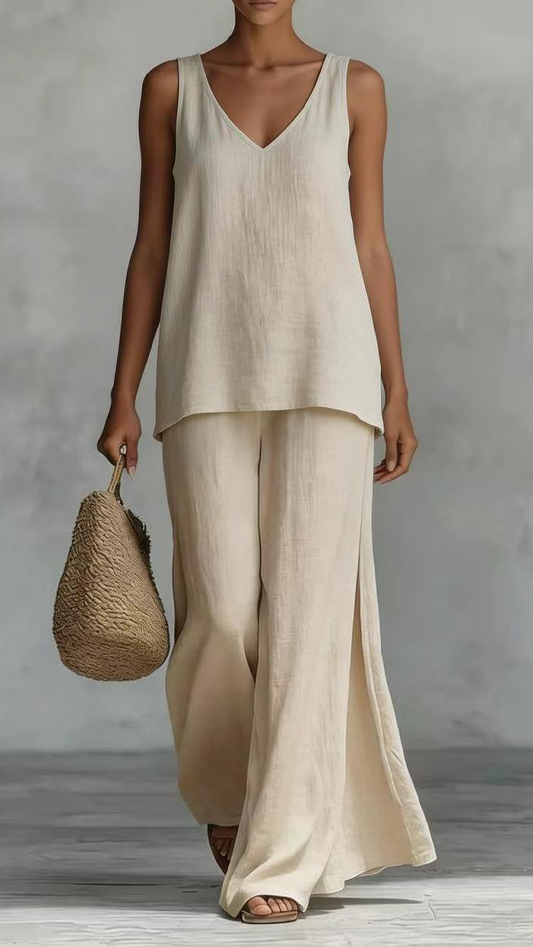 Women's Casual Vacation Style - Cotton-Blend Textured Sleeveless Top and Wide-Leg Pants Set - Nordfashionstorm - Women's Clothing, Fashion for You - Nordfashionstorm.com