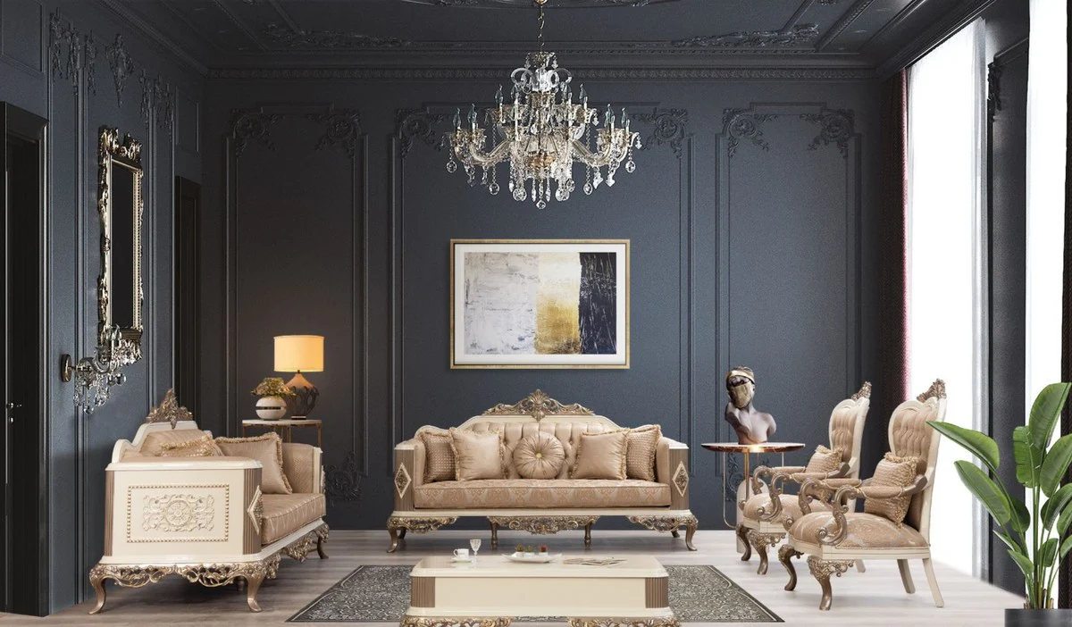 Luxury Baroque Living Room Set Brown / White / Gold - 2 Sofas & 2 Armchairs & 1 Coffee Table - Magnificent Baroque Living Room Furniture