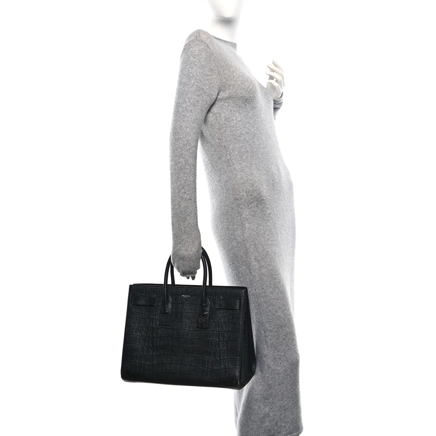 Calfskin Crocodile Embossed Large Sac De Jour Carryall Black