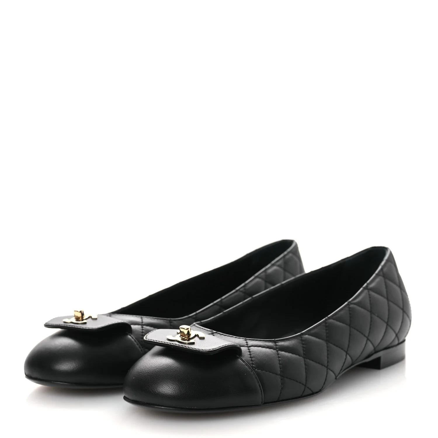 Calfskin Lambskin Quilted CC Cap Toe Ballerina Flats 37 Black - Top Club