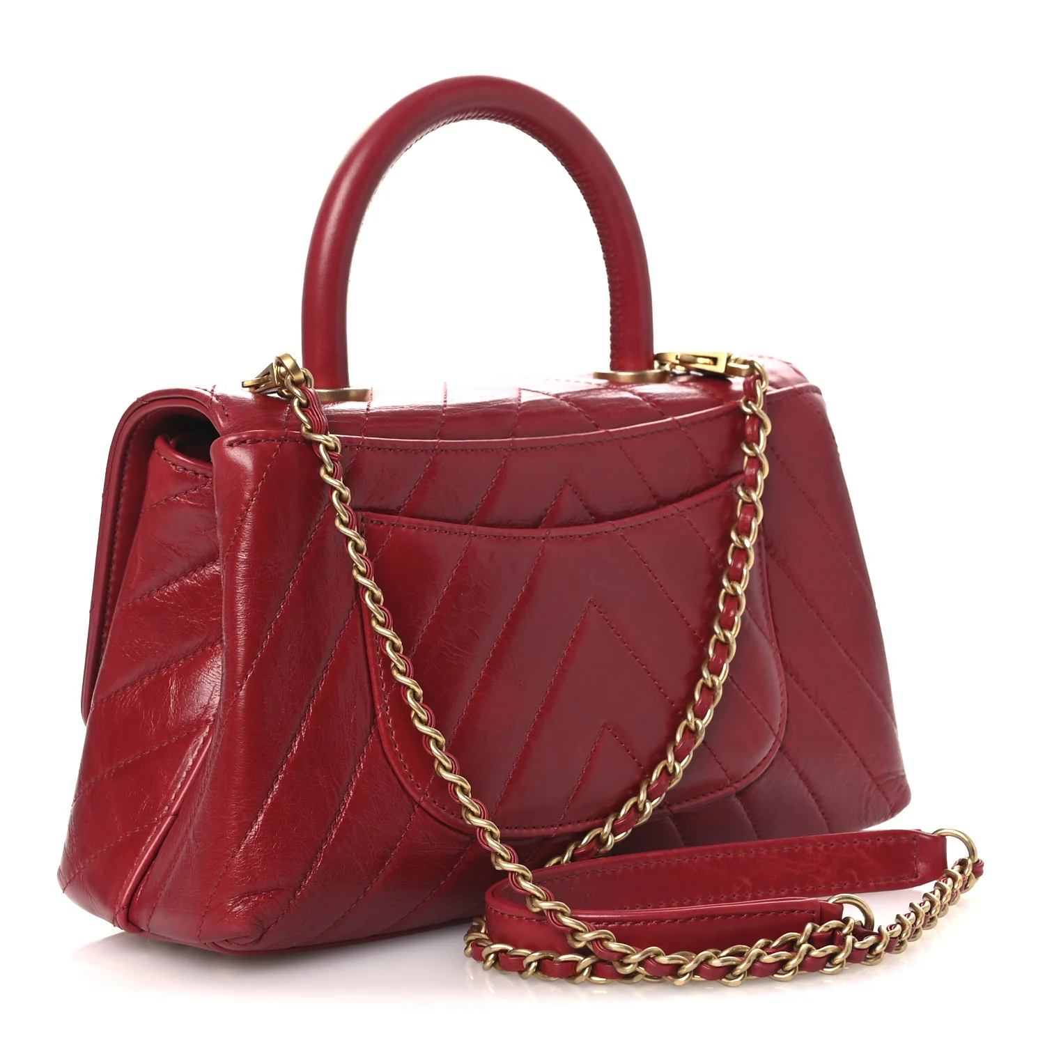 Aged Calfskin Chevron Quilted Mini Coco Handle Flap Red - Top Club