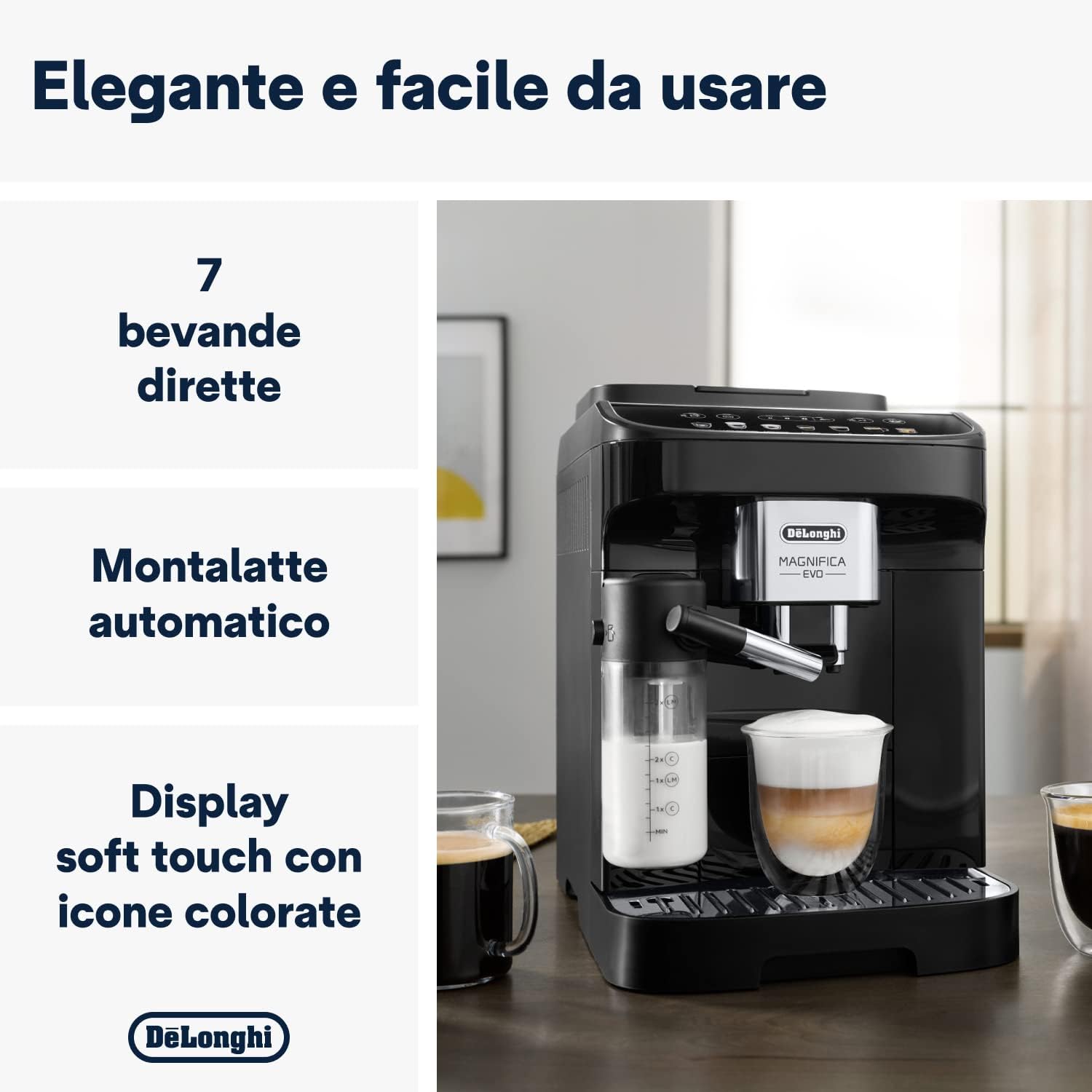 Magnifica Evo ECAM292.81.B, Macchina da caffè Automatica, Chicchi macinati al momento, Caraffa MontaLatte Automatica per Cappuccini, 7 Bevande One Touch, Spegnimento Programmmabile, Nero