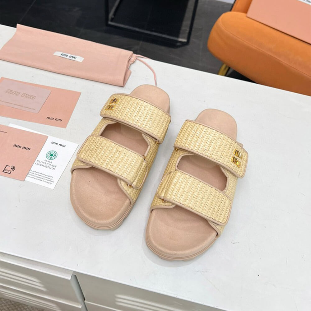 MiuMiu Raffia-effect woven fabric slides - Top Club