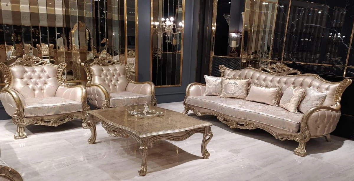 Luxury Baroque Living Room Set Pink / Silver / Antique Silver - 2 Baroque Sofas with Pattern & 2 Baroque Armchairs with Pattern & 1 Baroque Coffee Table - Baroque Living Room Furniture