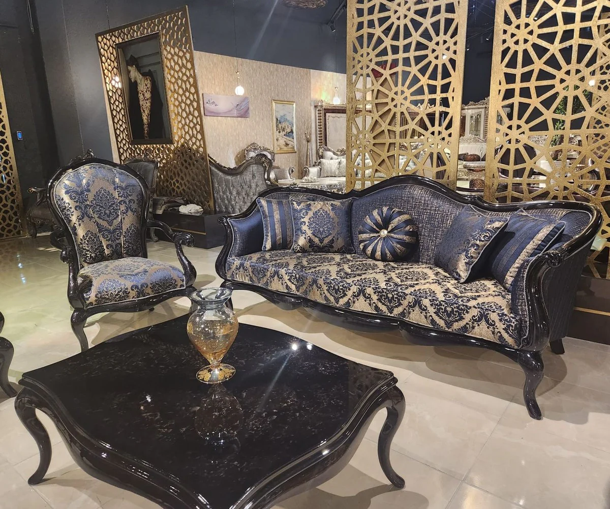 Luxury Baroque Living Room Sofa with Pattern Gold / Blue / Black - Handmade Baroque Style Sofa - Luxury Living Room Furniture in Baroque Style - Baroque Furniture - Noble & Magnificent