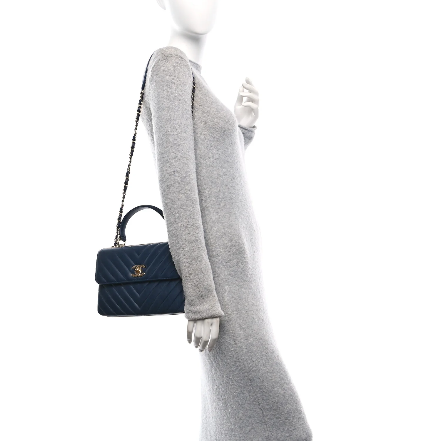 Lambskin Chevron Quilted Small Trendy CC Flap Dual Handle Bag Navy - Top Club