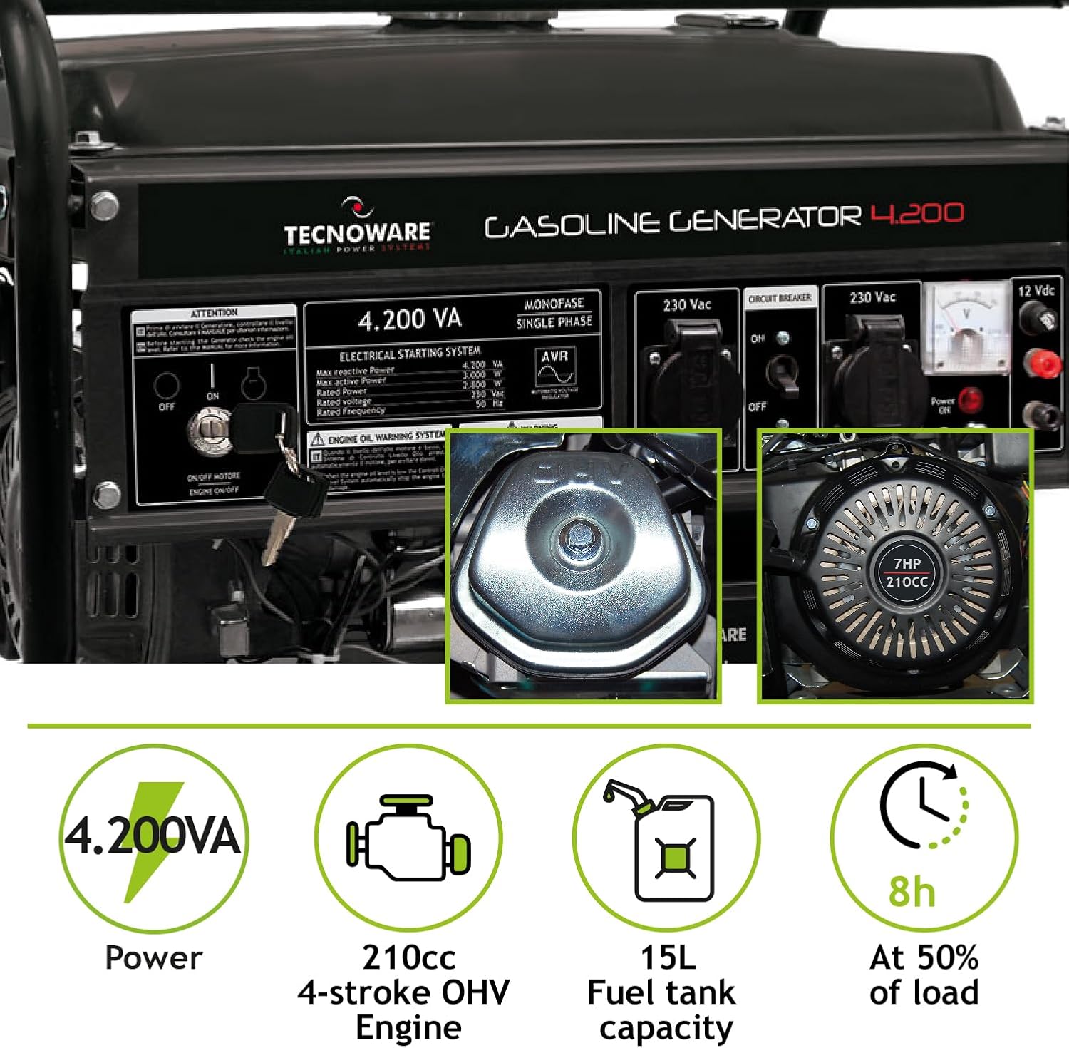 Tecnoware Power Systems - Generatore di corrente 4200VA, Monofase, Benzina, Basso Rumore, Avviamento Elettrico/Manuale, AVR, Serbatoio 15L, Ideale per Campeggio e Cantieri, Nero, 4200 VA