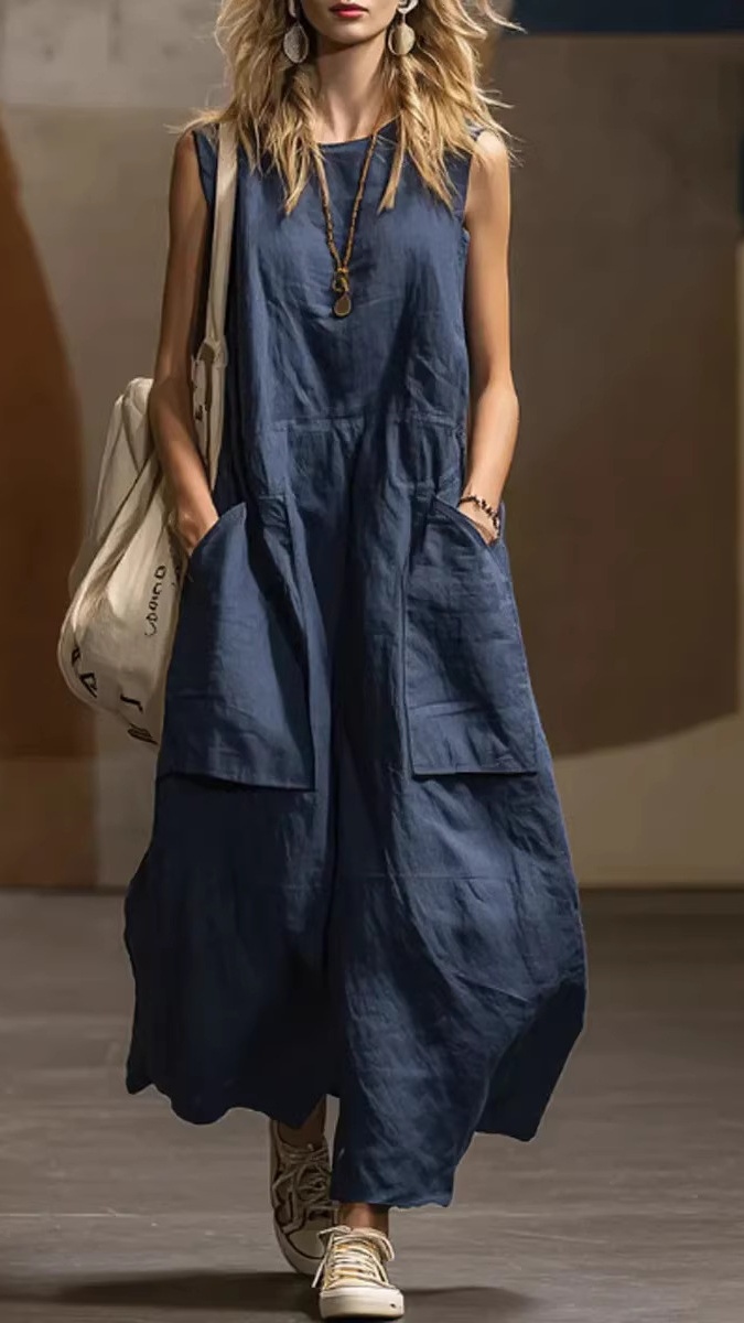 Women's Loose-Fit, Simple, Sleeveless Cotton-Linen Dress with Pockets - Nordfashionstorm - Women's Clothing, Fashion for You - Nordfashionstorm.com