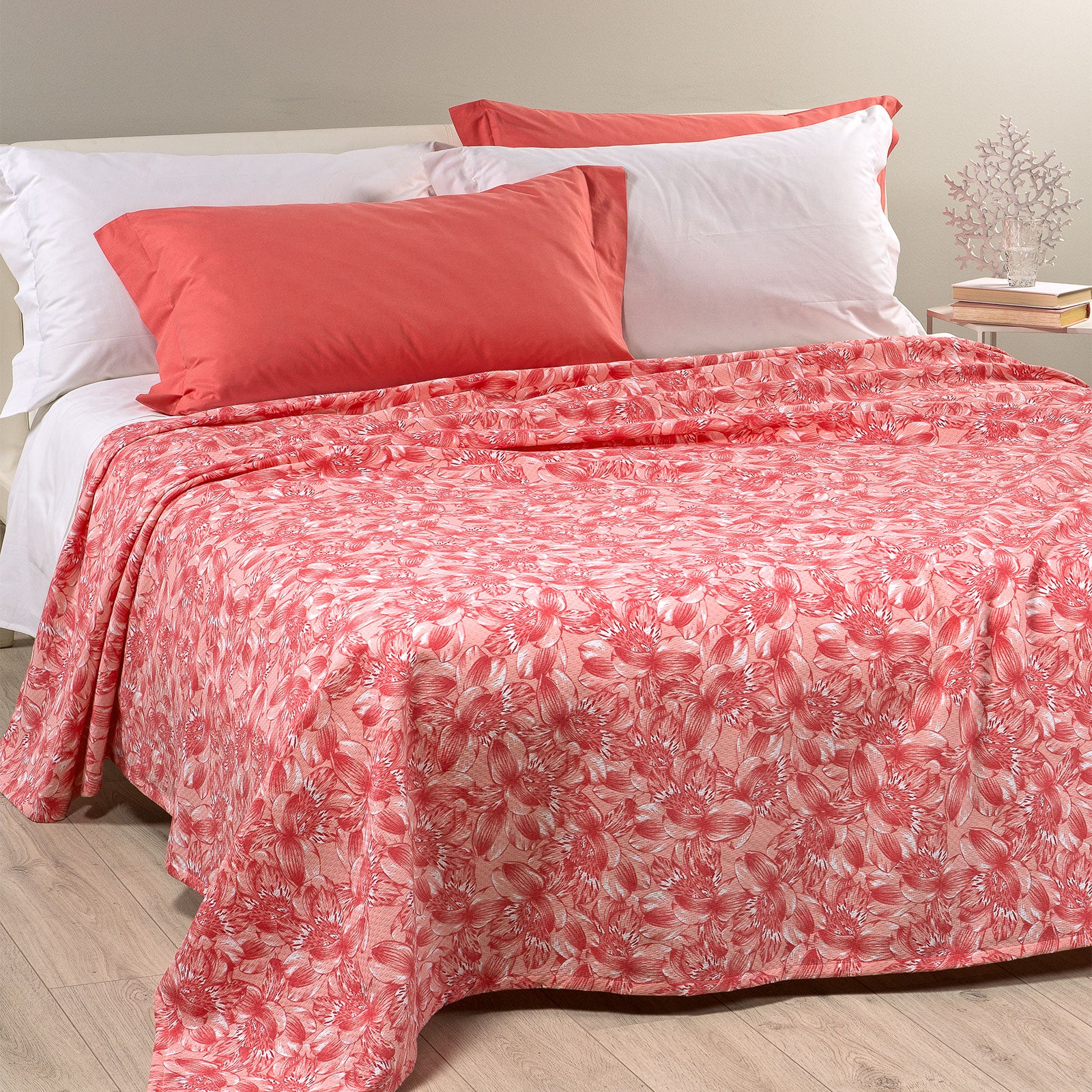 Non -quilted cotton quilted piquet flowersjoy square and half FUXIA caleffi home