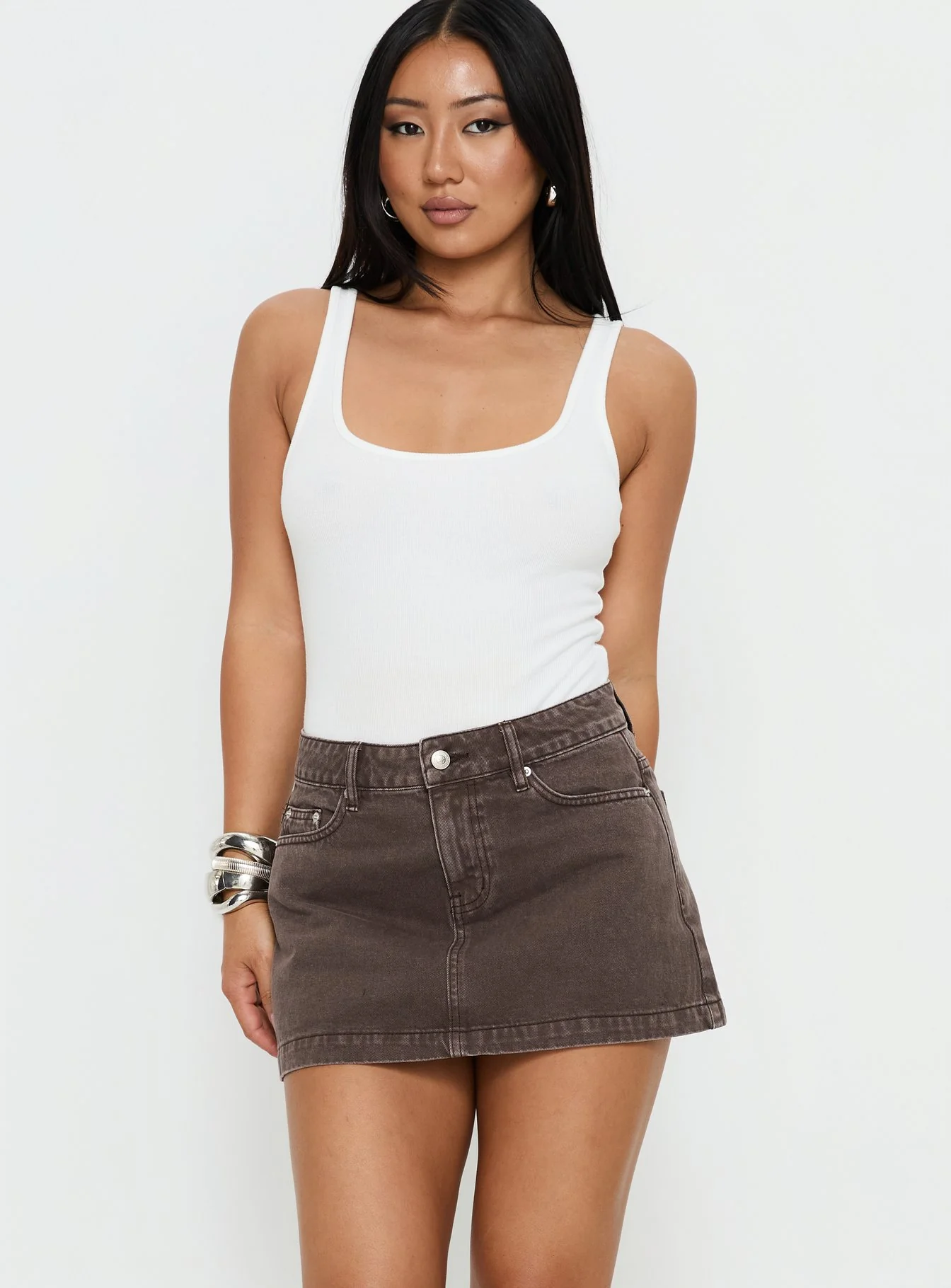 Nicolina Low Rise Denim Mini Skirt Washed Brown