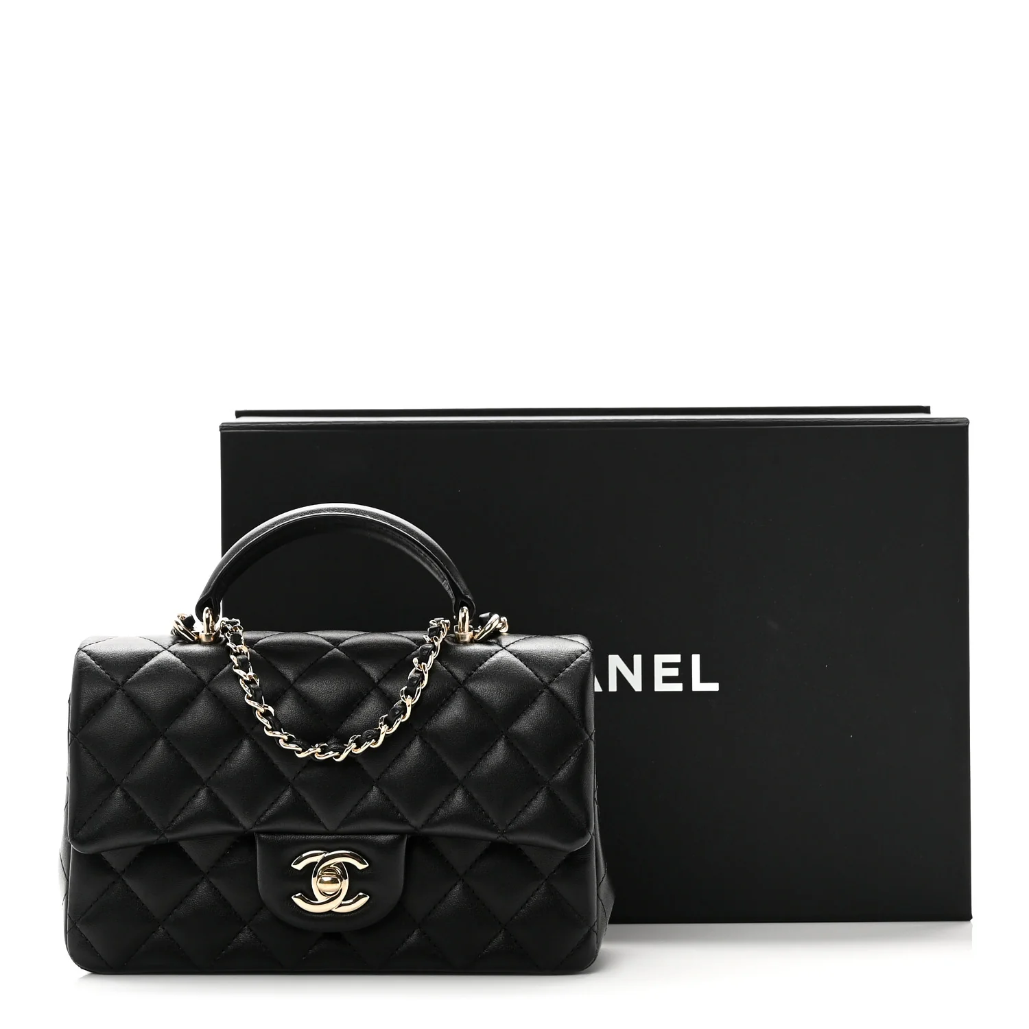 Lambskin Quilted Mini Top Handle Rectangular Flap Black - Top Club