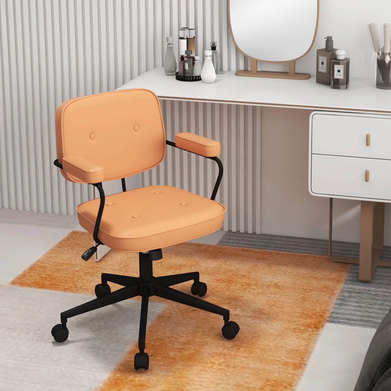 BEFOUNDLOVELY Mid Century Leather Height Adjustable Office Chair with Rocking Backrest & Padded Armrest