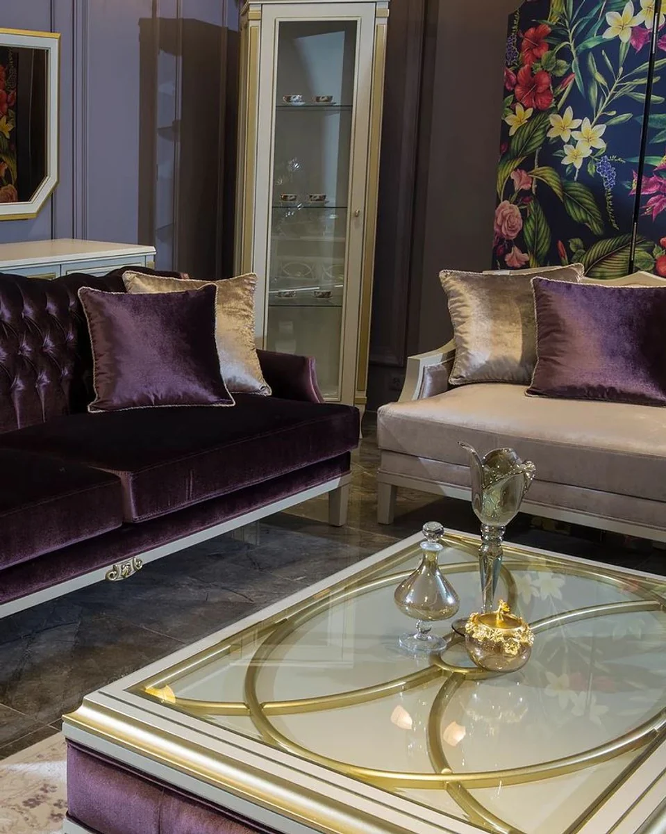 Luxury baroque coffee table white / purple / gold 130 x 85 x H. 39 cm - Noble solid wood living room table with glass top - Baroque living room furniture