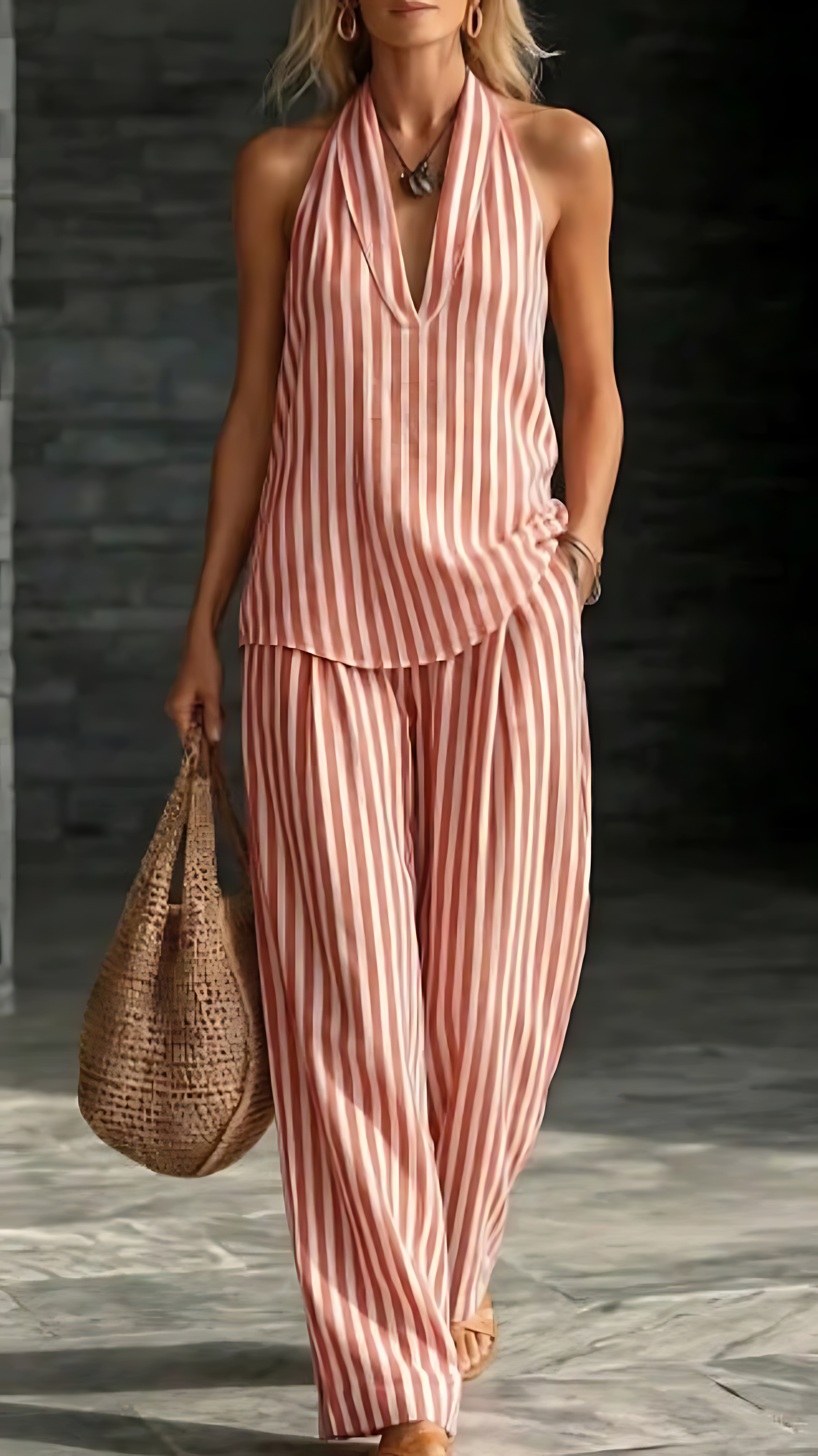 Women's Striped Cotton-Linen Set: Wide-Leg Pants & Halter Top - Nordfashionstorm - Women's Clothing, Fashion for You - Nordfashionstorm.com