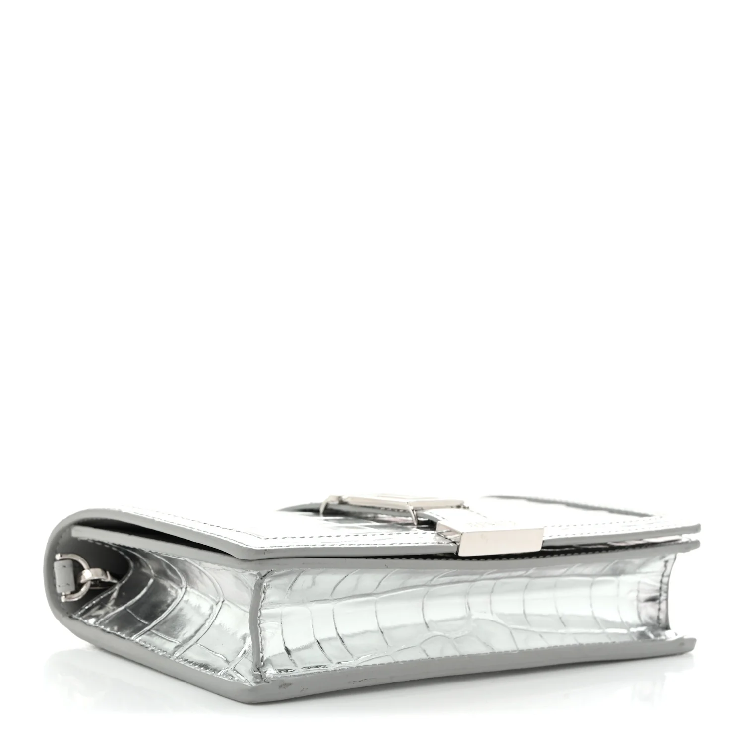 Metallic Crocodile Embossed Calfskin Greca Goddess Wallet On Chain Silver - Top Club