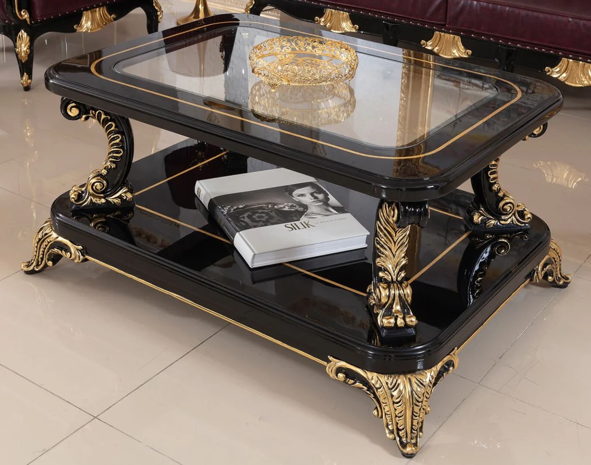 Luxury baroque coffee table with glass top black / gold - magnificent solid wood living room table in baroque style - baroque living room furniture - noble & magnificent
