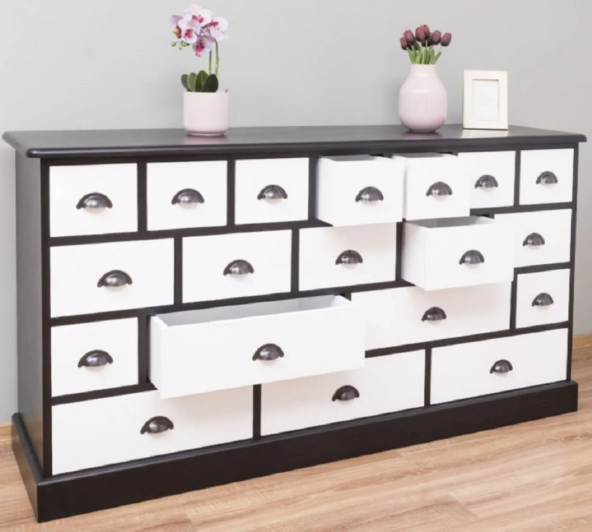 Country house style chest of drawers black / white 180 x 48 x H. 95 cm - solid wood cabinet with 19 drawers - country house style furniture - country house style furniture - country house style furnishings