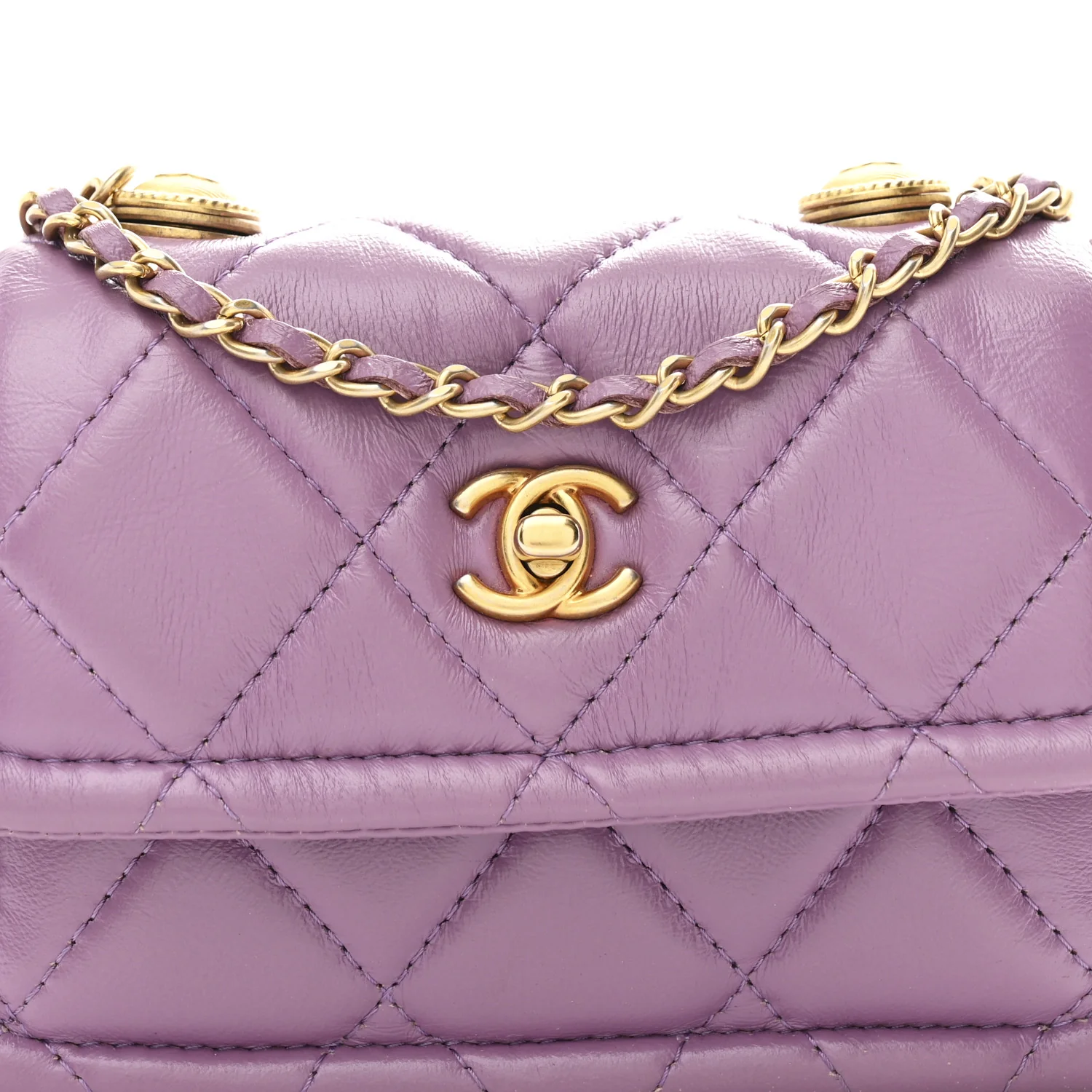 Shiny Lambskin Quilted Extra Mini Flap Purple - Top Club