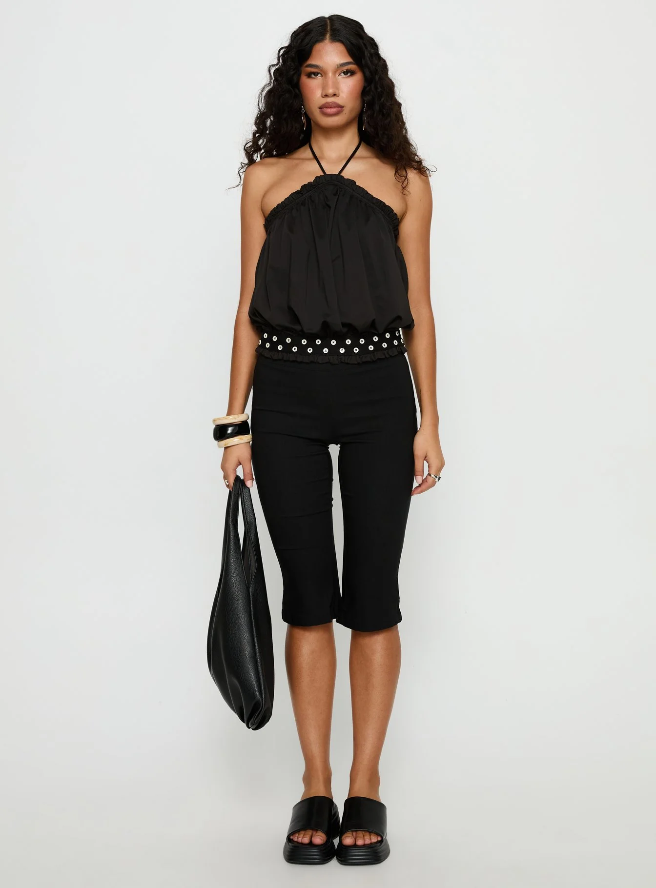 Mikki Tie Neck Button Detail Top Black