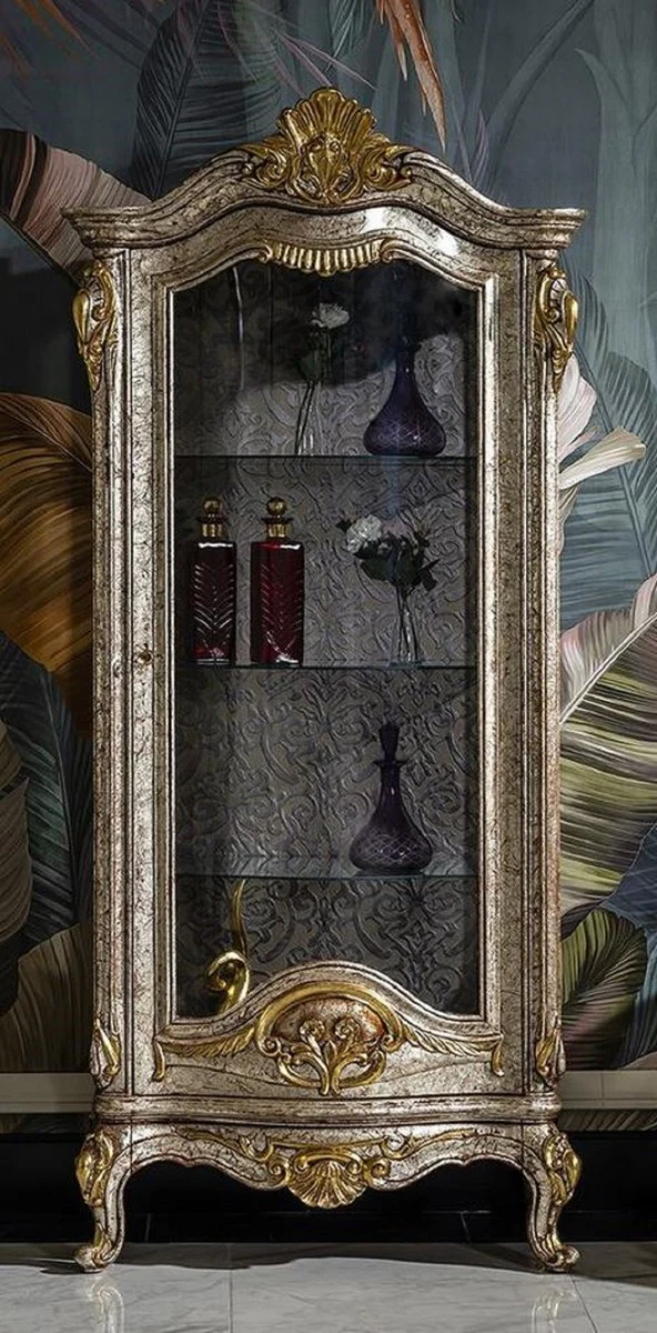 Luxury baroque display cabinet antique silver / brown / gold - handmade solid wood display cabinet - magnificent baroque furniture