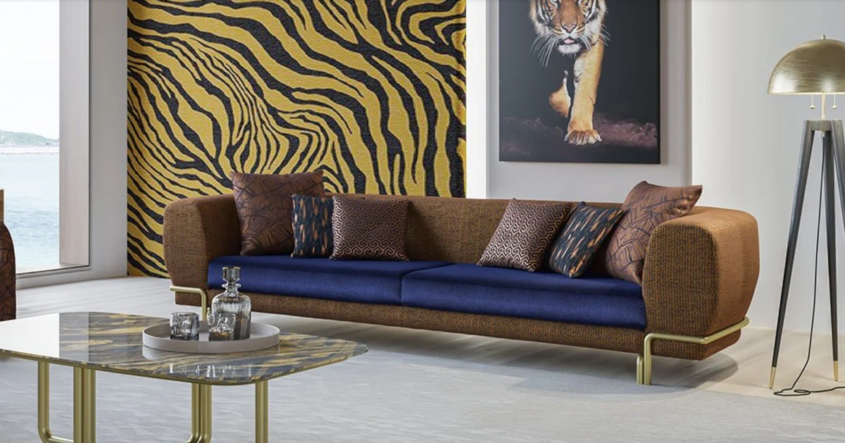 Luxury sofa brown / purple / brass 300 x 100 x H. 75 cm - living room sofa - hotel sofa - living room furniture - hotel furniture - luxury furniture - luxury furnishings