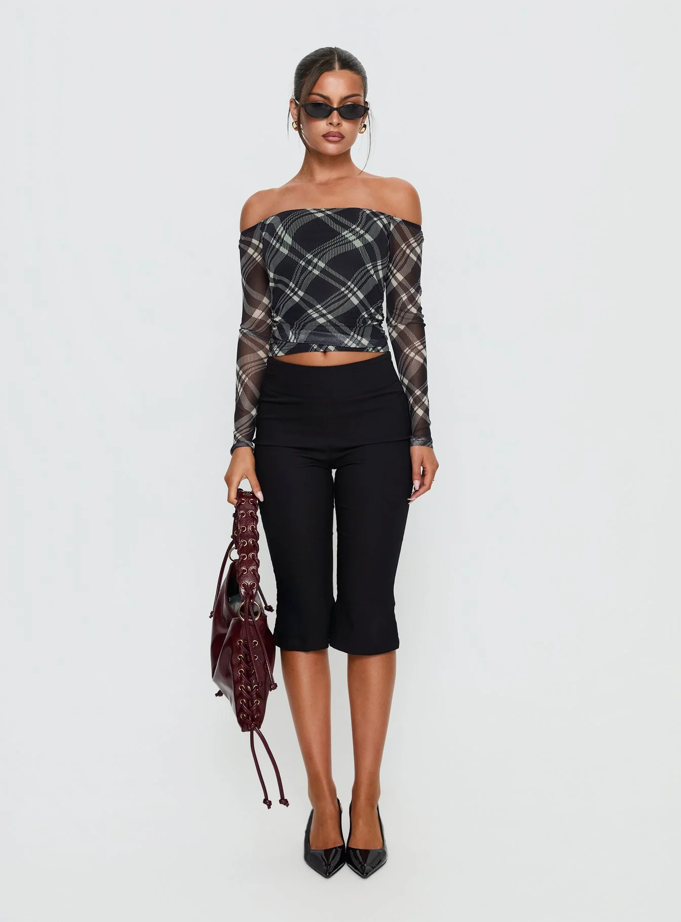 Siarah Off Shoulder Long Sleeve Top Multi Check