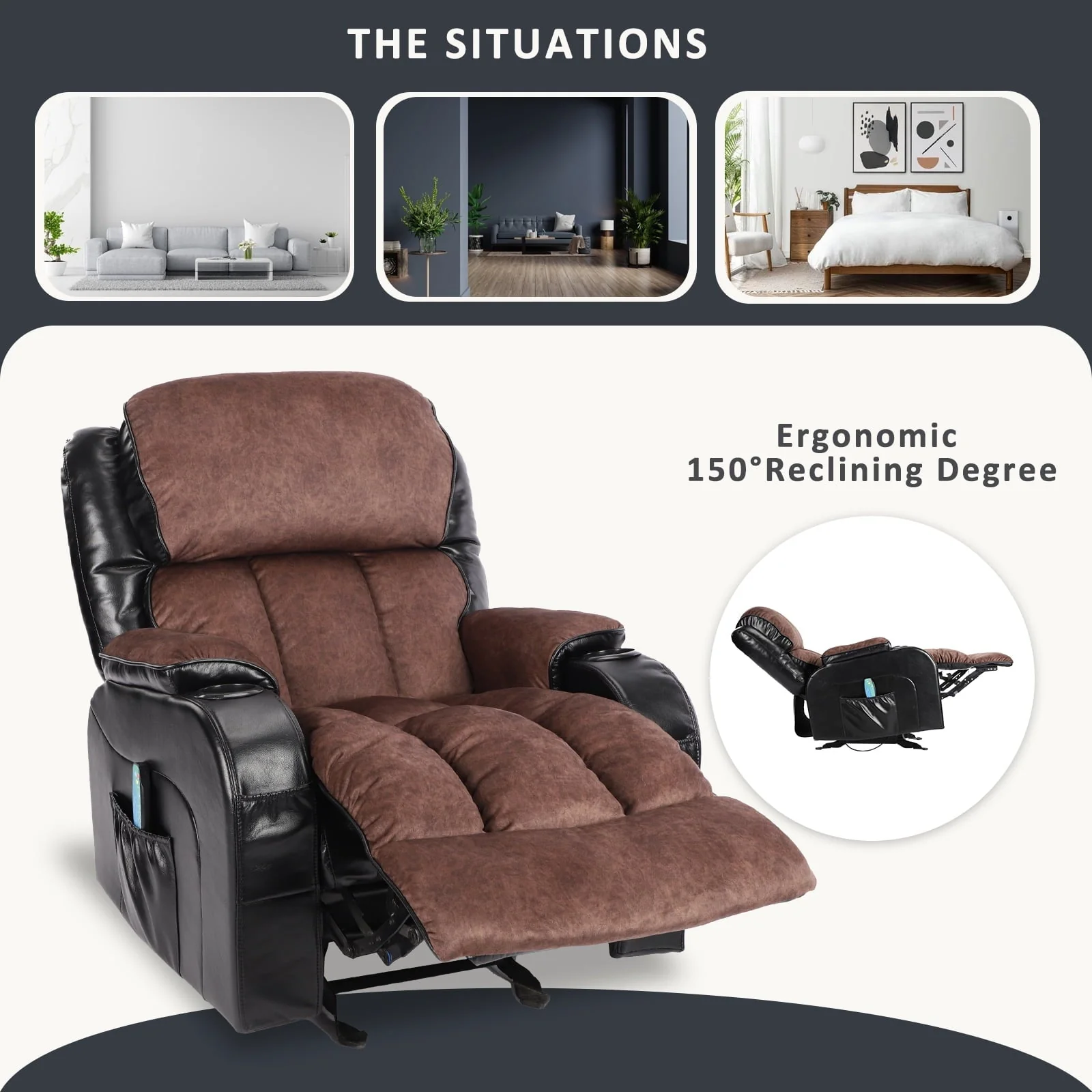 Leather Massage Recliner Chair, Modern Electric Power Rocker with Heated Massage, Ergonomic Lounge Chair, SEGMART Single Sofa Seat with Drink Holders for Living Room, Black and Brown