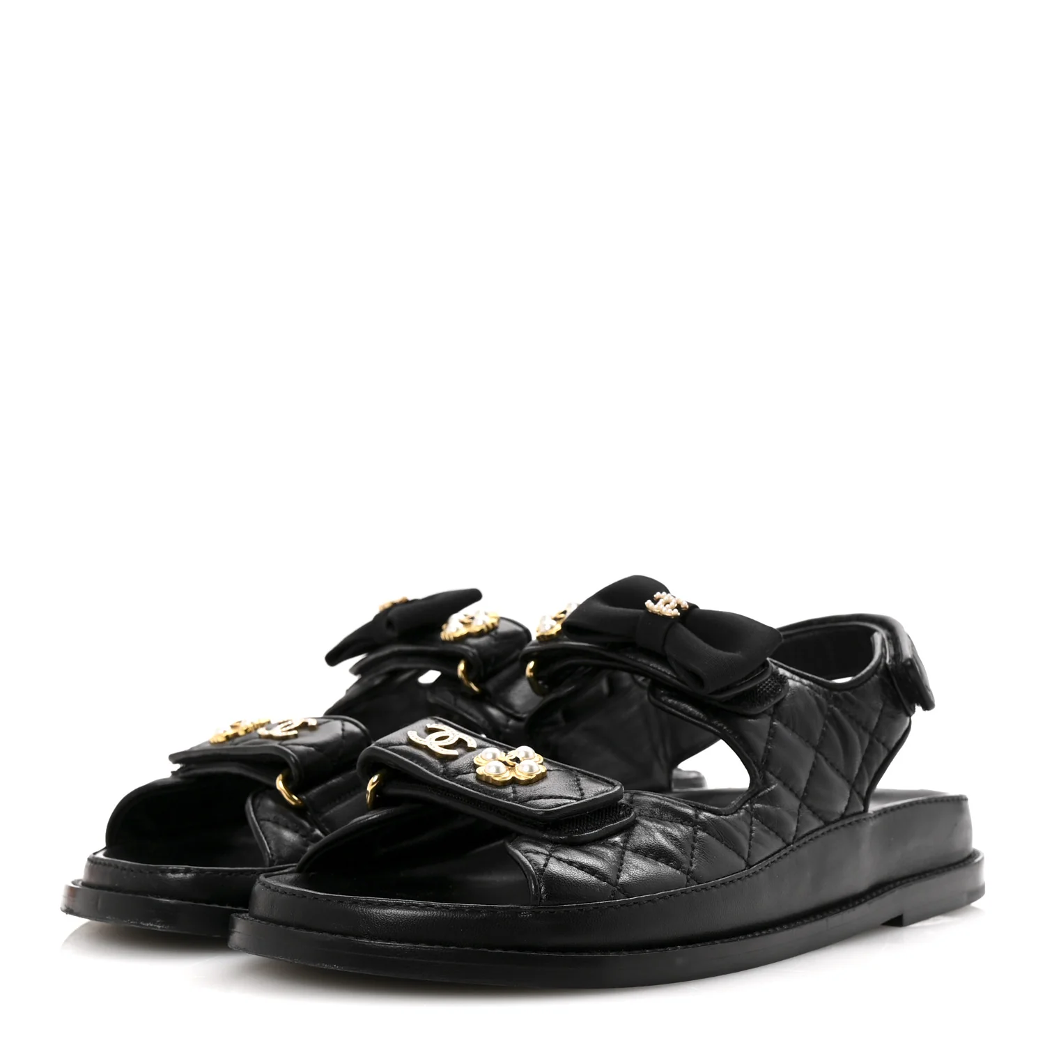 Lambskin Velcro CC Pearl Bow Dad Sandals 38 Black - Top Club