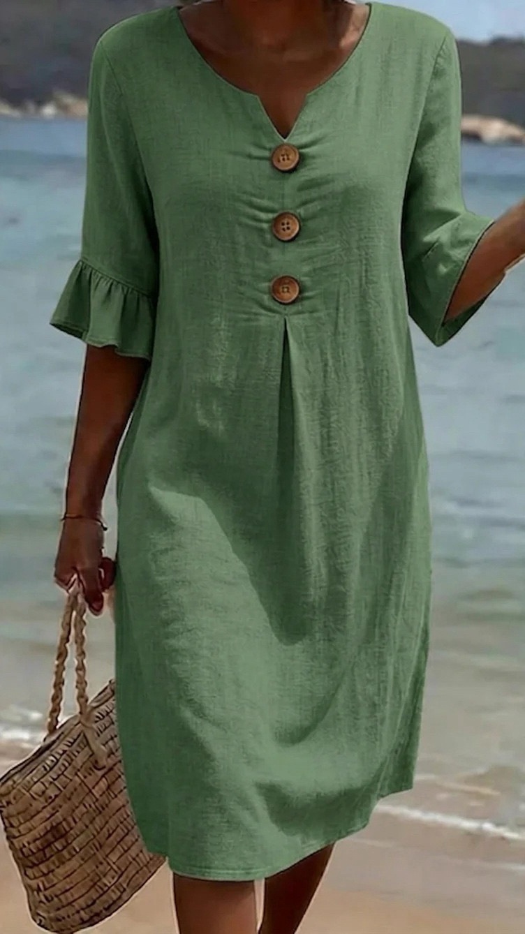 Women's Cotton-Linen Dress with V-Neck, Large Buttons, and Ruffled Sleeves - Nordfashionstorm - Women's Clothing, Fashion for You - Nordfashionstorm.com