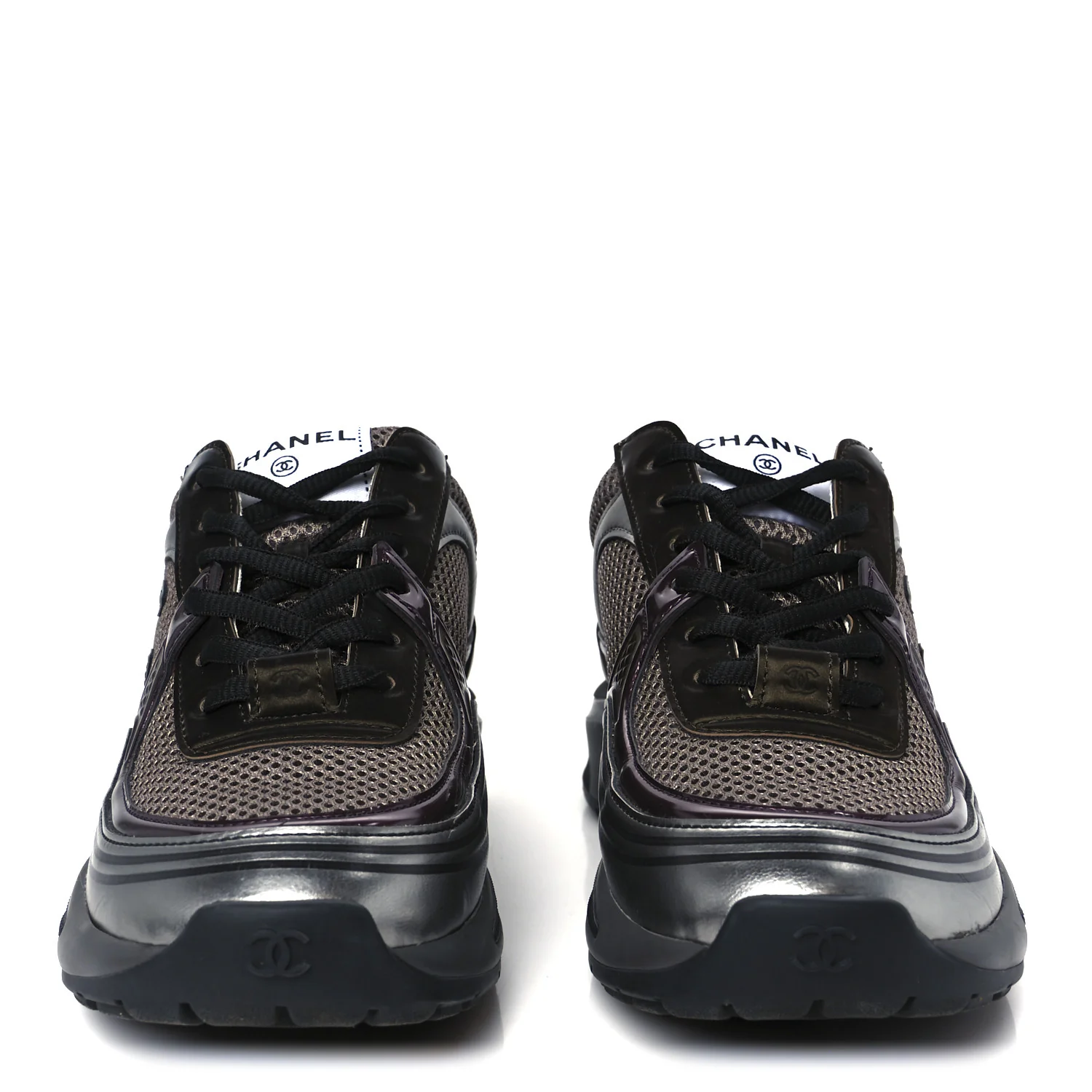 Fabric Laminated Calfskin Stretch CC Womens Sneakers 37 Khaki Silver Dark Purple - Top Club
