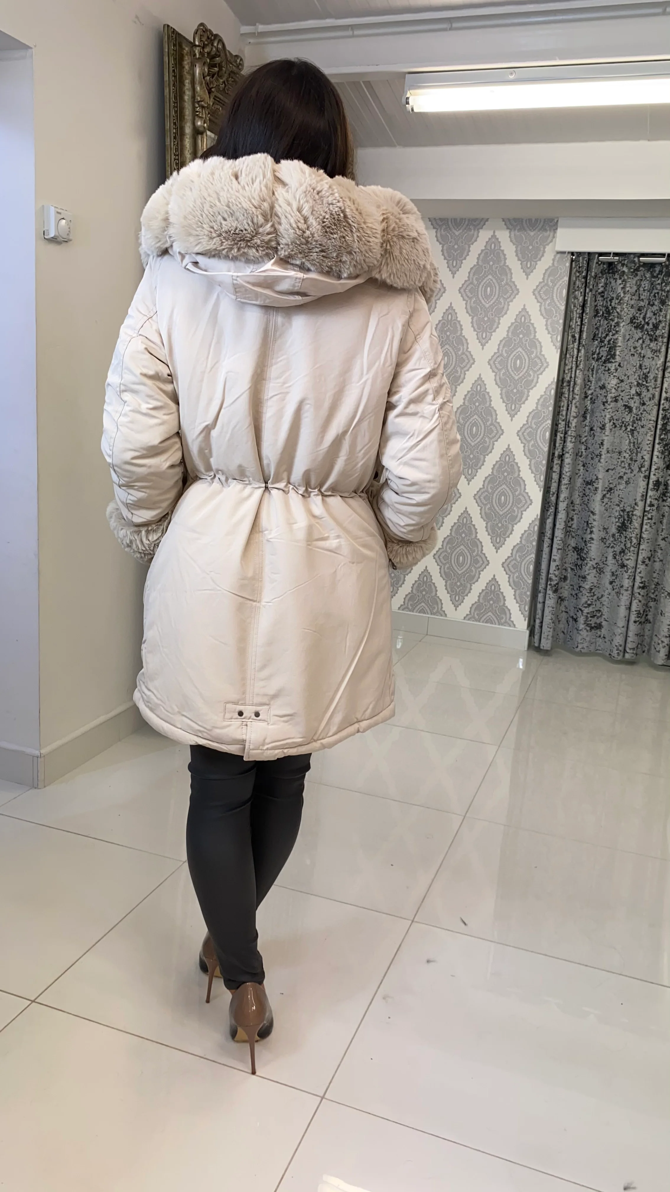 Cream Faux Fur Long Puffer Coat